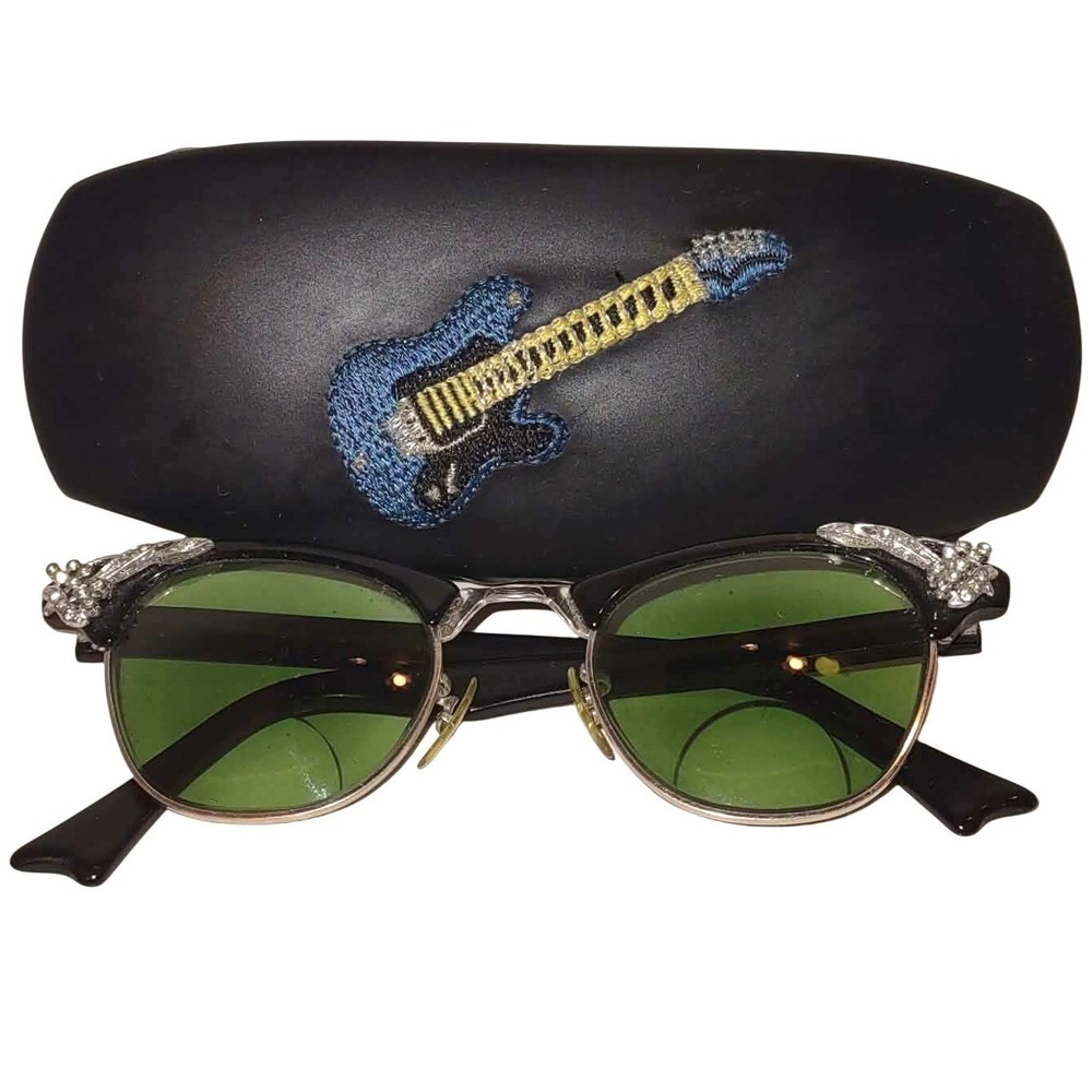 Vintage S.R.C. 1/10 12K White Gold & Diamonds Browline Sunglasses Cat Eye Green